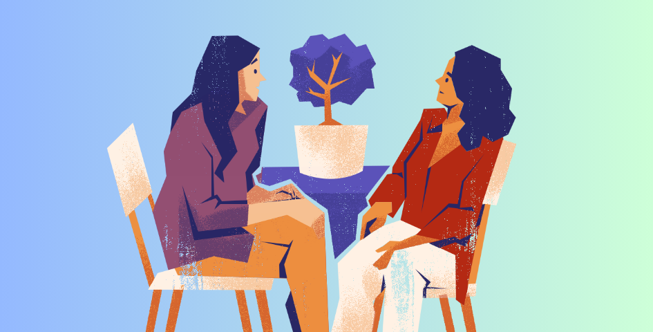 Two women having a conversation about health and fertility struggles.