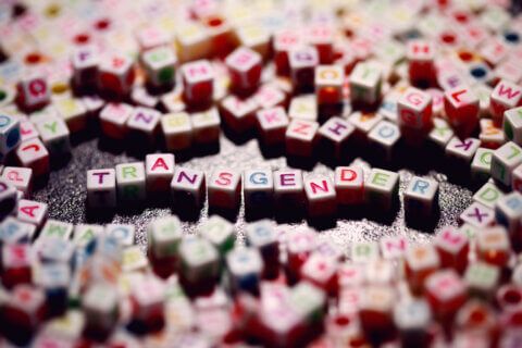 Cubes with colorful letters spelling out “transgender”