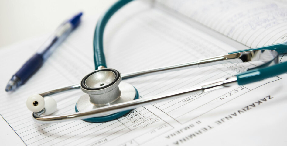 Close-up photo of a stethoscope.