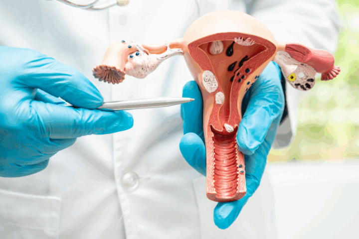 A physician showing uterine fibroids on a plastic model.
