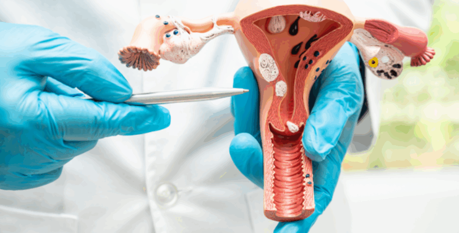 A physician showing uterine fibroids on a plastic model.